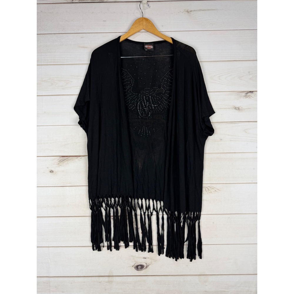 VTG Harley-Davidson Top Women L/XL Black Eagle Graphic Fringe Kimono Wrap